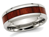 Men's Stainless Steel 8mm Polished Red Wood Inlay Wedding Band Ring